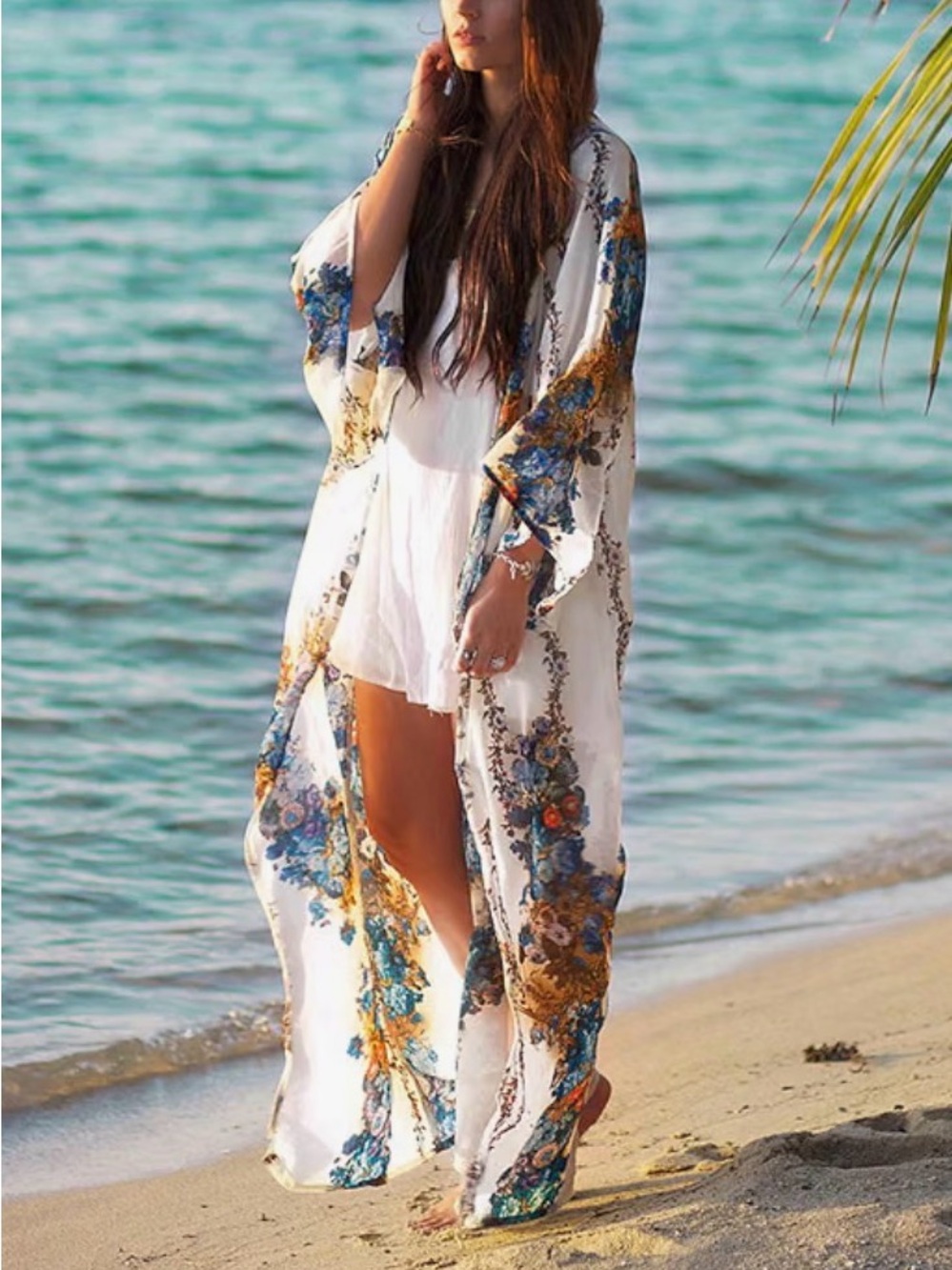 Sheer Floral Kimono Cover-Up in White